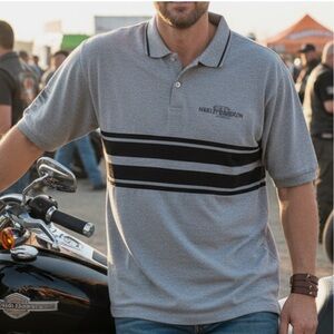 VTG HARLEY-DAVIDSON MEN’S GRAY & NAVY STRIPED 2000 KNIT POLO SHIRT SIZE XL